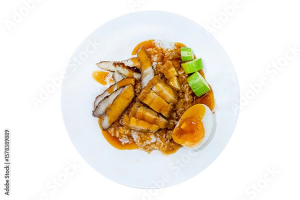 Fototapeta Top view of Red pork and crispy pork rice, focus selective