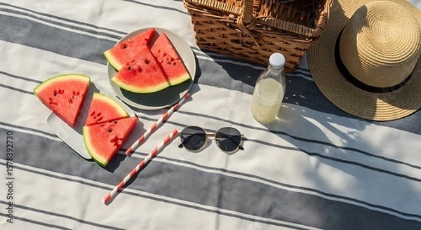 Fototapeta Summer picnic scene featuring watermelon slices, a wicker basket, sunglasses, and a refreshing drink.