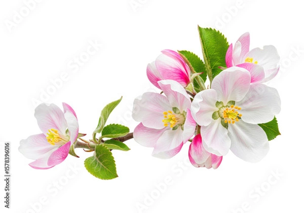Obraz Delicate apple blossoms with vibrant pink and white petals, yellow stamens, and green leaves, arranged on a stem against a transparent isolated background with shadowless lighting, concept of natural