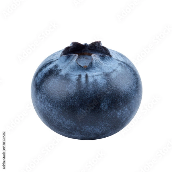 Obraz A single, perfectly ripe indigo blueberry with a green crown, macro lens detail, ultra realistic, presented from a high angle against a transparent background with copy space, embodying a pure