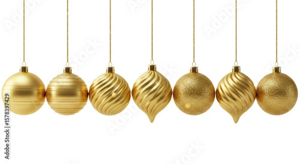 Obraz Golden Christmas ornaments with intricate stripes, linear, and geometric patterns, meticulously detailed, suspended against a clean white background with golden glitter, studio shot, concept of