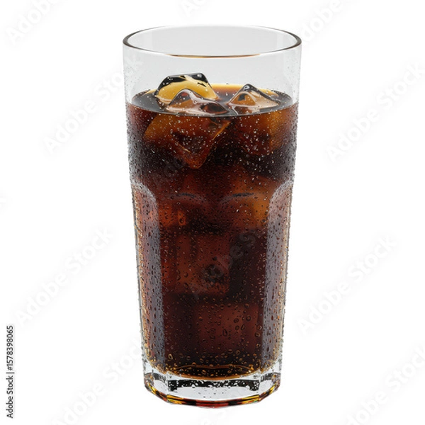 Obraz Clear glass, dark brown effervescent cola, 6-8 frosted ice cubes, dense condensation, on transparent studio background with copy space. Ultra photorealistic, high angle, no shadows, high contrast,