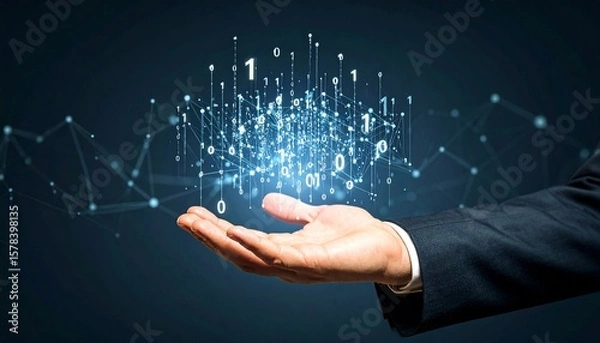 Obraz A composition with numerous numbers and data lines pouring like light onto a hand on a dark background