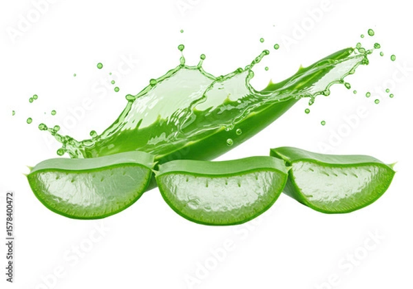 Obraz Three vibrant emerald green aloe vera slices, showing translucent gel, pearlescent sheen, and fibrous structures, dynamically mid-splash with liquid, on a transparent studio background with