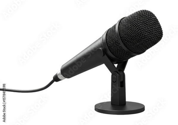 Obraz A sleek black professional dynamic microphone with a silver mesh grille and black audio cable, positioned diagonally against a pristine transparent background with no shadows and ample copy space,