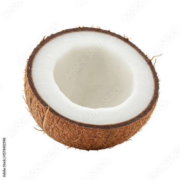 Obraz Half-coconut, meticulously split, dark brown fibrous husk, creamy white inner flesh, natural striations, against transparent isolated studio background, uniform shadowless light, macro lens detail,