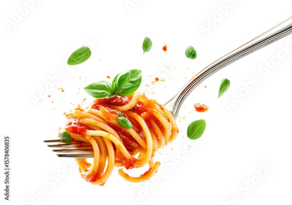 Fototapeta spaghetti floating in the air with tomato sauce, and basil  isolated on a transparent background