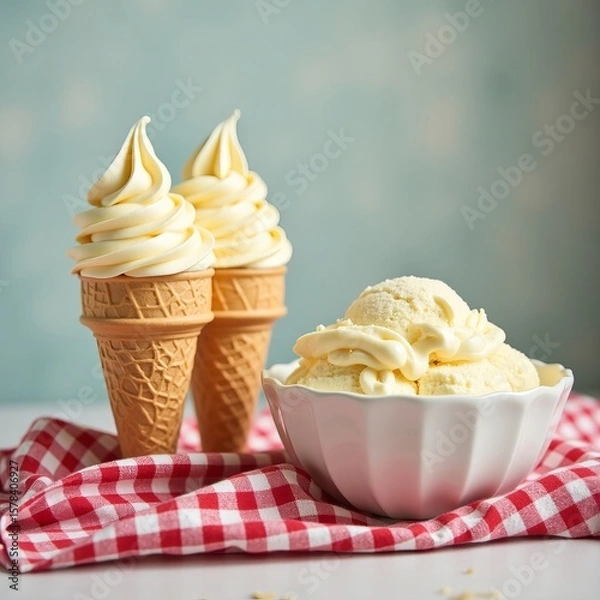 Obraz Deliciously creamy soft serve vanilla ice cream in waffle cones with a bowl of ice cream for serving 