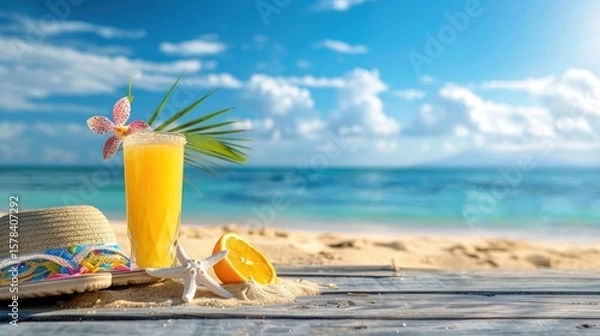 Fototapeta Refreshing tropical drink on a sunny beach with turquoise sea backdrop creating a serene coastal escape
