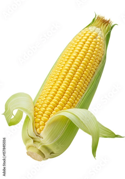 Obraz A single, fresh ear of corn on the cob with vibrant yellow, plump kernels and bright green husks partially peeled, on a transparent plain isolated background with no shadows, commercial food