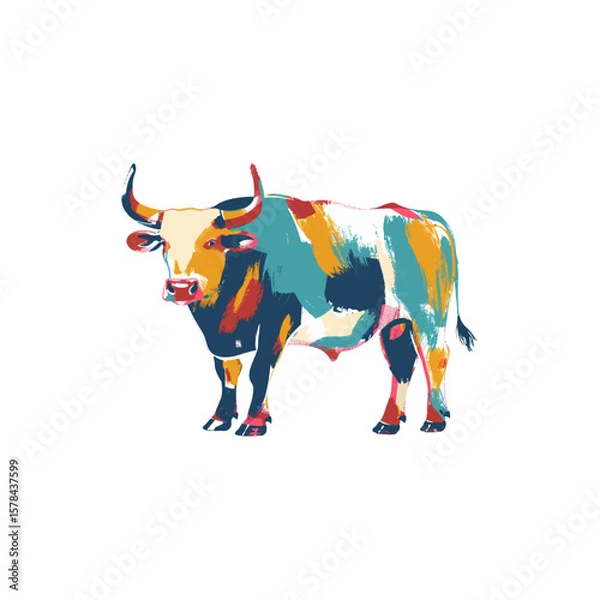 Fototapeta Bull standing illustration in colorful style, AI generated
