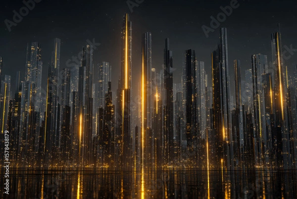 Fototapeta Futuristic city skyline illuminated with glowing skyscrapers and reflections at night