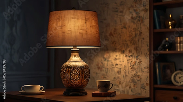Fototapeta Wooden Table with Teacups and Glowing Lamp

