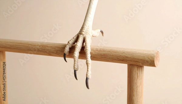 Fototapeta Elegant Detail: Close-Up of Bird Claw on Wooden Perch Against Beige Backdrop in Minimalistic Setting