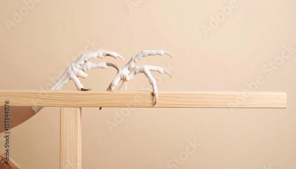 Fototapeta Elegant Detail: Close-Up of Bird Claw on Wooden Perch Against Beige Backdrop in Minimalistic Setting