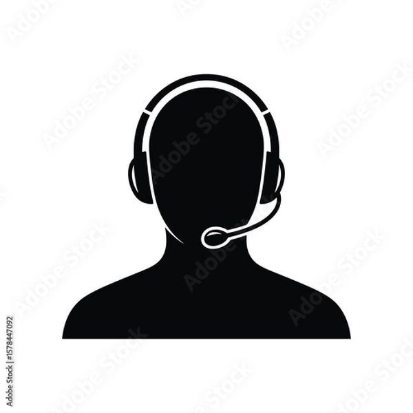 Obraz Black silhouette icon of a call center agent with headset and microphone on white background