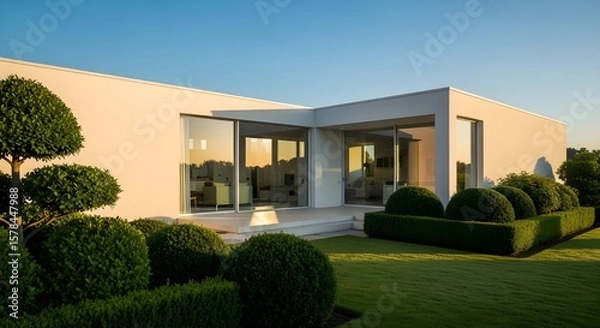 Fototapeta Clean white minimalist house with large glass windows, surrounded by greenery, under bright morning sunlight.