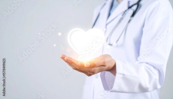 Fototapeta Guided by Care: Doctor’s Hand Holding a Glowing Heart Icon on White Background as a Conceptual Healthcare Image