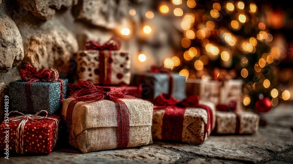 Obraz Festive Christmas gift boxes under a glowing decorated tree