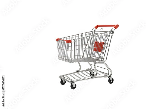 Obraz Realistic metallic shopping cart with red plastic handle, perfect for grocery, retail, e-commerce, and business design concepts. Isolated on a transparent background for easy use.