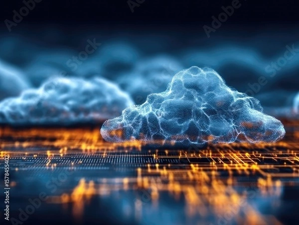Obraz Blue Glowing Cloud Above Orange Circuitry On Dark Background