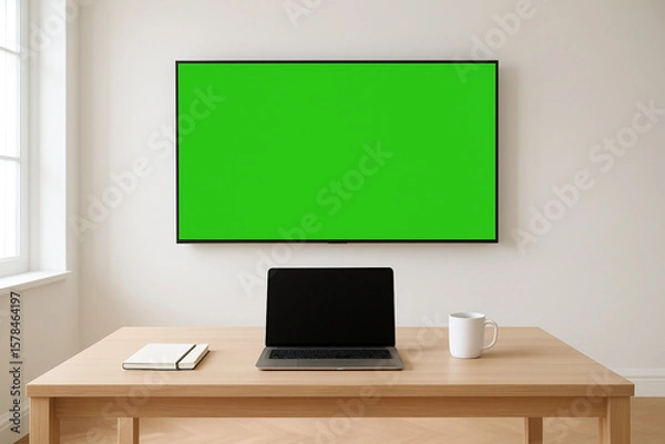 Fototapeta Modern minimalist desk in a bright room, perfect for remote work, with a laptop and big screen.