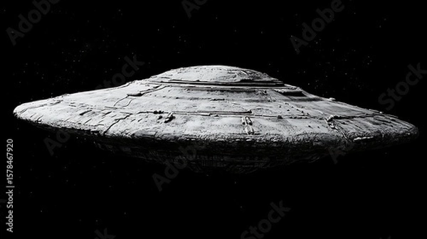 Fototapeta Unidentified aerial object metallic spaceship against black