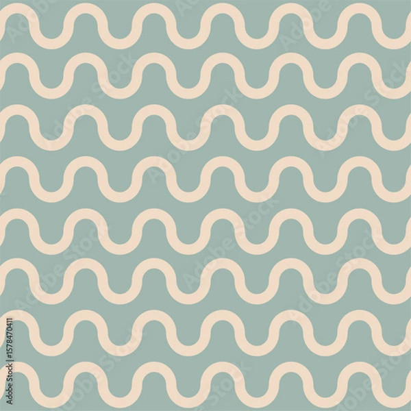 Obraz seamless pattern with wavy lines, delicate cream wavy line pattern on vintage teal background - soft retro vector art