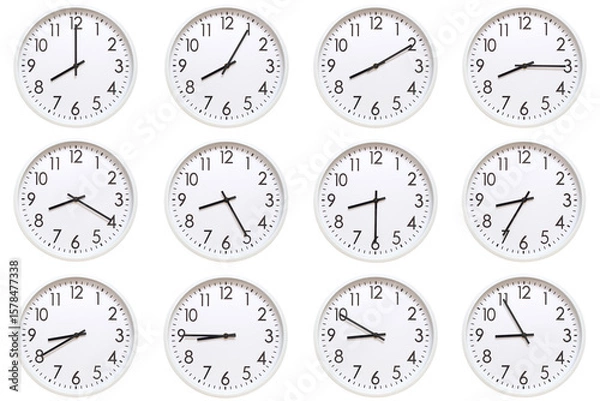 Fototapeta A set of 12 white analog wall clocks showing each hour from 08:00 to 08:55 or 20:00 to 20:55. Isolated on white background, suitable for time concept.