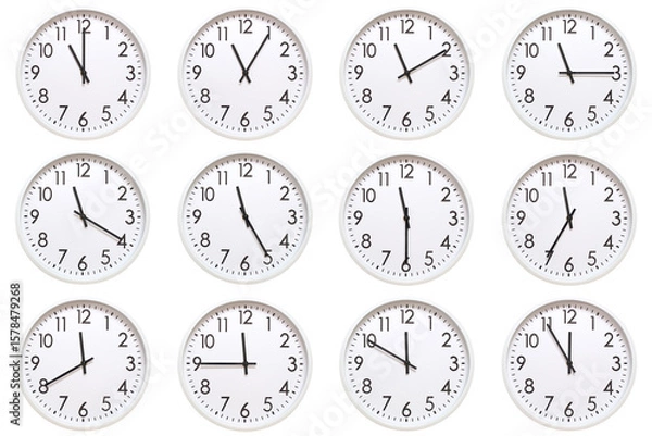 Fototapeta A set of 12 white analog wall clocks showing each hour from 11:00 to 11:55 or 23:00 to 23:55. Isolated on white background, suitable for time concept.