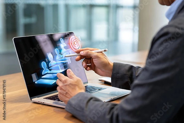 Fototapeta Businessman targeting customer profile using digital marketing tools on laptop for customer segmentation and lead generation