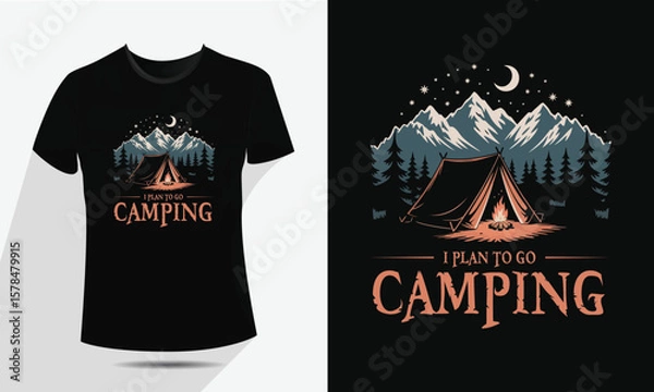 Fototapeta Minimal Line Art Camping and Mountain T-Shirt Design – Vector Outdoor Adventure Graphic with Tent, Campfire, Trees, and Moon – Vintage Hiking Badge for Apparel