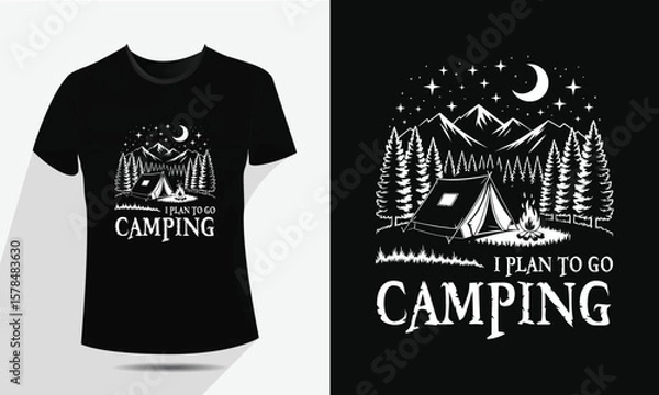 Fototapeta Minimal Line Art Camping and Mountain T-Shirt Design – Vector Outdoor Adventure Graphic with Tent, Campfire, Trees, and Moon – Vintage Hiking Badge for Apparel