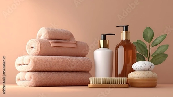Fototapeta Spa Setting with Towels and Lotion