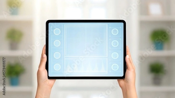 Fototapeta Hands holding modern tablet displaying futuristic interface