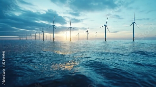 Fototapeta Digital twin of offshore wind farm managed by AI simulating weather impacts, power yield forecasts, and turbine maintenance schedules for optimal output