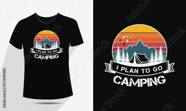 Fototapeta Minimal Line Art Camping and Mountain T-Shirt Design – Vector Outdoor Adventure Graphic with Tent, Campfire, Trees, and Moon – Vintage Hiking Badge for Apparel