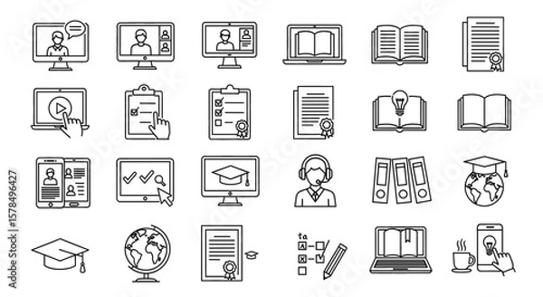 Obraz Set of outline icons related to online education and learning. Educational tools, e-learning, digital studies, virtual courses, internet lectures.