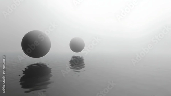 Fototapeta Two gray spheres over misty water
