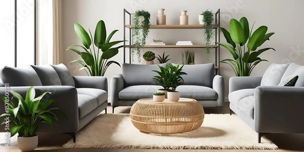 Fototapeta Modern Living Room with Gray Sofas, Wicker Table, and Green Plants

