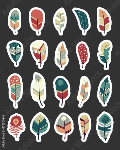 Fototapeta Feather decorative set in scandinavian style with decoration tribal symbols and traditional shape for your illustration and natural ethnic themed design projects
