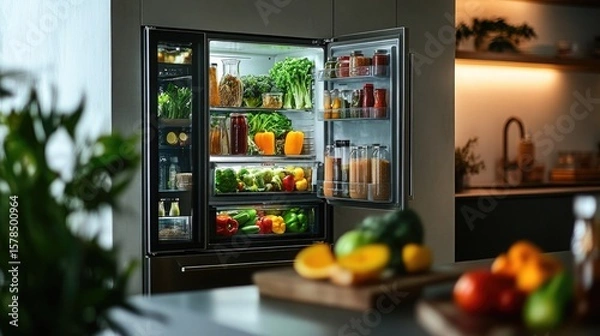 Fototapeta Transparent smart fridge showing contents and recipe suggestions