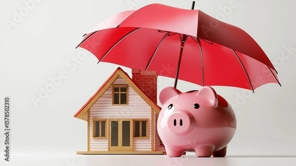 Fototapeta 3d rendering of red open umbrella covers a large pink piggy bank and a small house isolated on a white background.