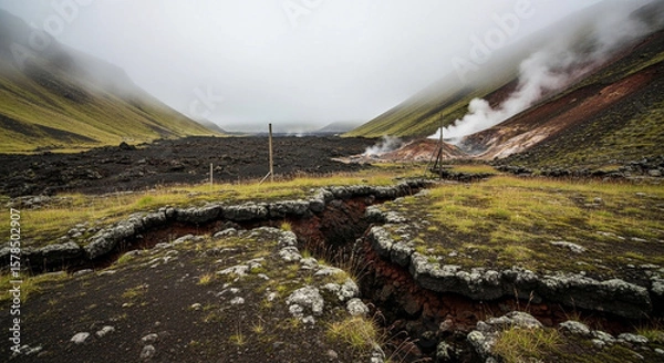 Fototapeta A dramatic landscape of a valley with geothermal activity and a cracked foreground.