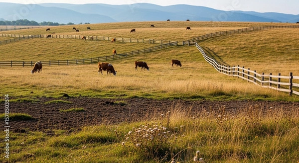 Fototapeta Cows graze peacefully in a vast, golden pasture, near a wooden fence.