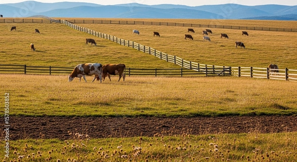 Fototapeta Cattle graze peacefully in a vast, fenced pasture under a serene sky, showcasing rural farmland tranquility.