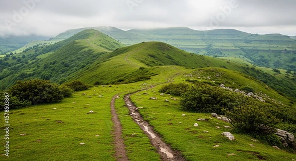 Fototapeta A winding dirt path leads across a lush green mountain ridge under a cloudy sky.
