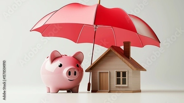 Fototapeta 3d rendering of red open umbrella covers a large pink piggy bank and a small house isolated on a white background.