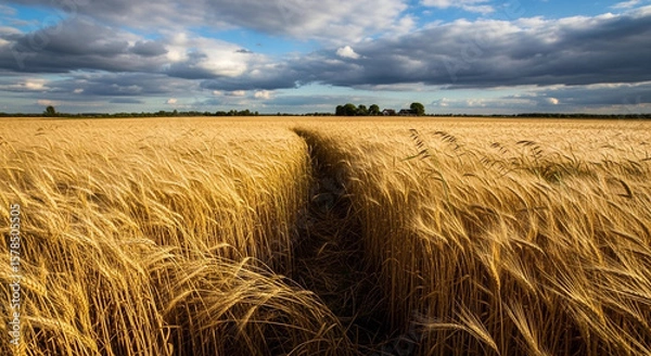 Fototapeta Golden wheat field with a path leading through, dramatic sky overhead.