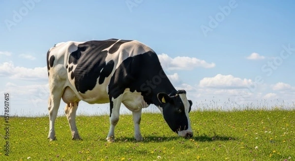 Fototapeta Black and white cow, peaceful and grazing, in a green meadow, under a blue sky with clouds